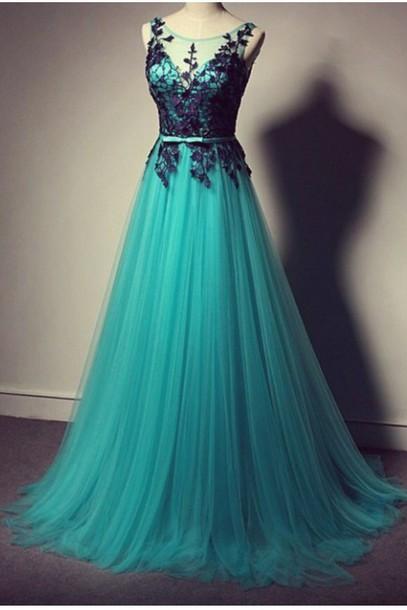 Turquoise Prom Dress With Black Lace, Tulle Prom Dress,long Prom Dress, Prom Dress,prom Gown,turquoise Evening Dress, Tulle Evening Dress, Long