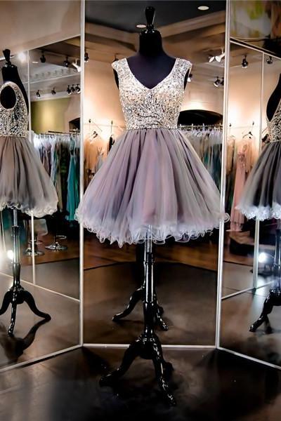 Silver V-neck Sleeveless Beaded Short Homecoming Dress, Prom Dress, Party Dress