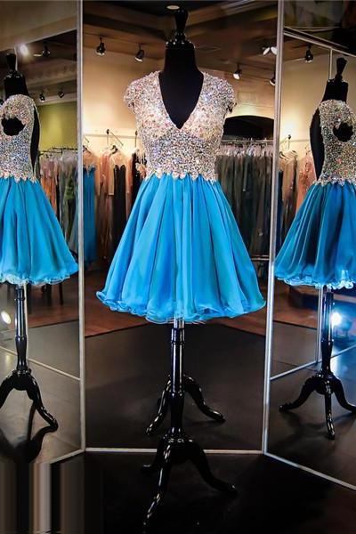 Blue Prom Dress,short Prom Dress,prom Dress With Deep V Neck,open Back Prom Dress, Sexy Prom Dress,sparkle Prom Dress,bling Bling Prom Dress,