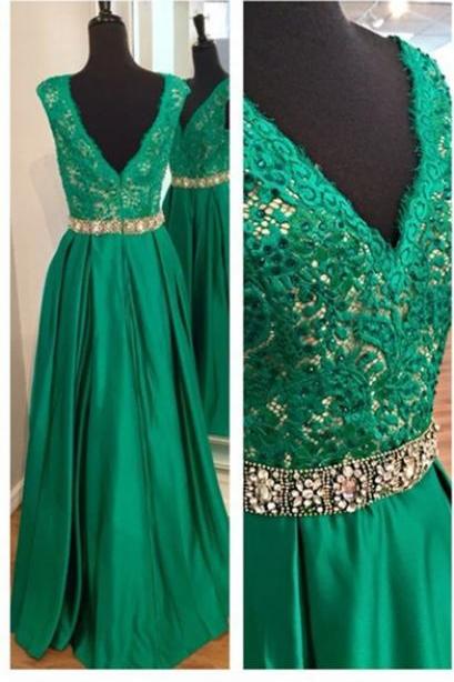 Sexy V Neckline Hunter Green Prom Dresses, Lace and Satin Prom Dress, A-line Prom Dress, Charming Prom Dresses, Long Woman Formal Gowns, Green Evening Dresses