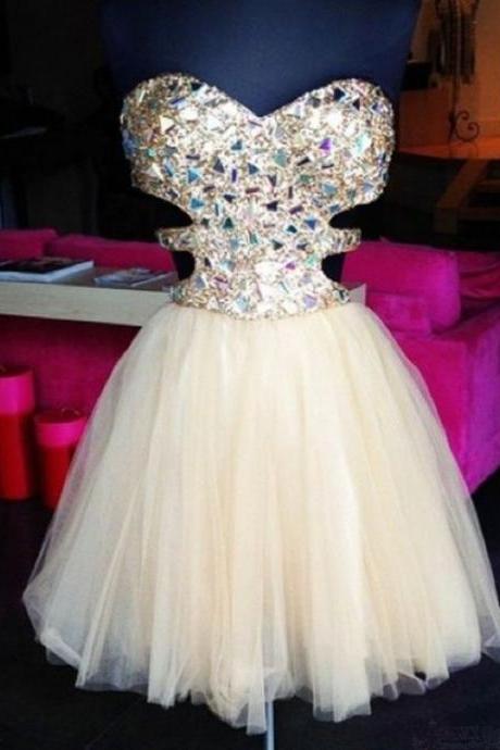 Stunning A-line Sparkle Short Beige Tulle Prom Dresses, Short Homecoming Dresses, Lovely Party Dresses, Cocktail Dresses, Tulle Rhinestone Short