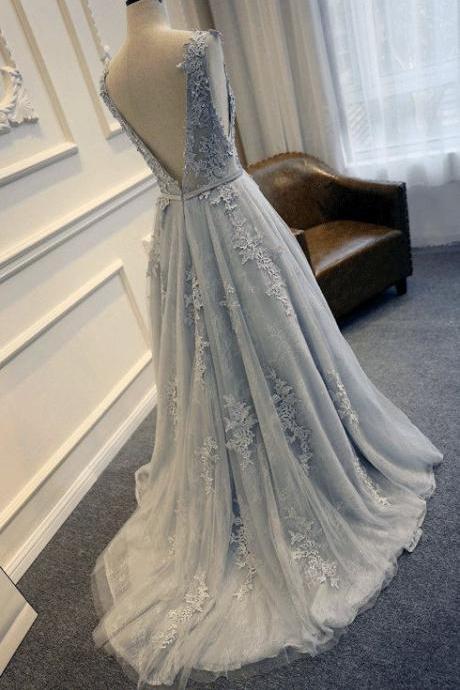 Custom Made Silver Lace Long A-line Tulle Evening Dress, Prom Dress, Wedding Dress, Bridesmaid Dresses