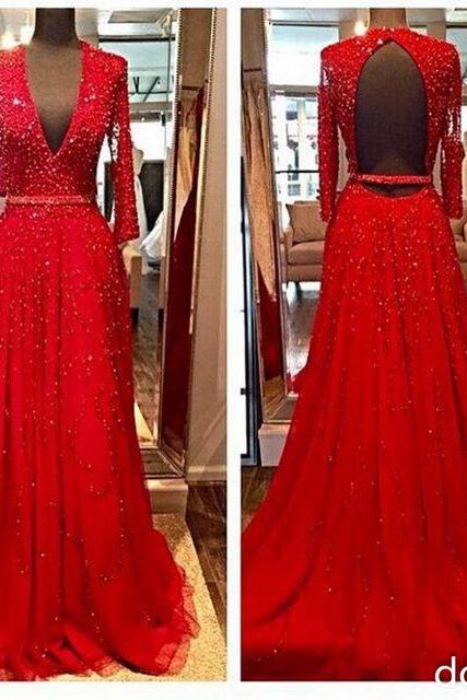 Design Elegant Red Long Sleeves Evening Dresses 2016 Beads Sequins V-neck Open Backless Crystal Party Prom Gowns