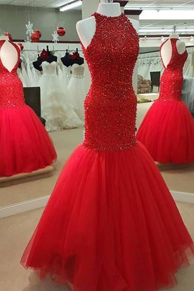 Open Back Beading Red Mermaid Prom Dresses Long,Prom Gown,Formal Evening Dresses,Party Dress Cheap, Homecoming Dresses,Graduation Dress Custom Plus size