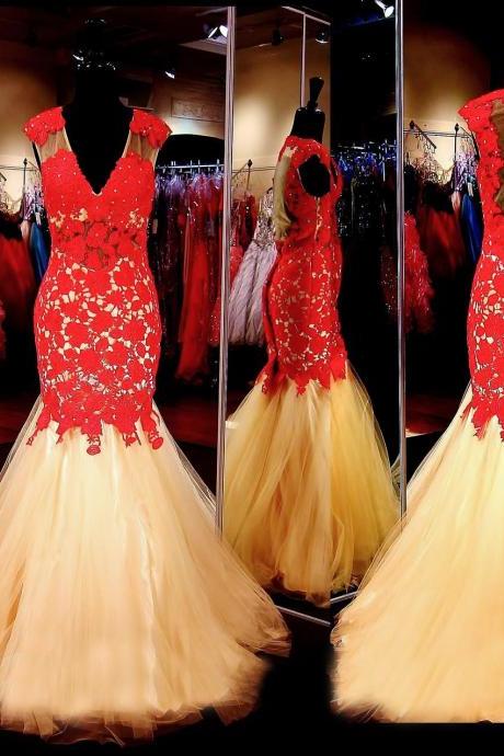 Gold Prom Dress with Red Lace,Formal Dress,Prom Dress Mermaid,Lace Prom Gown,Prom Dress Long,Homecoming Dress Long, 8th Grade Prom Dress,Holiday Dress,Evening Dress Red, Long Evening Dress,Graduation Dress, Cocktail Dress, Party Dress