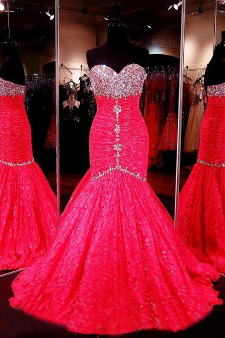Prom Dress Hot Pink, Lace Prom Dress, Mermaid Prom Dress,Prom Gown, Evening Dress RT0005