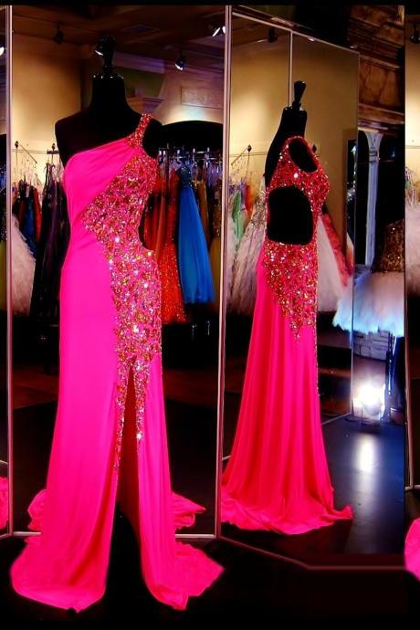 Hot Pink Prom Dress, Prom Dress with Split,Prom Dress One Shoulder,Prom Gown, Evening Dress RT0007