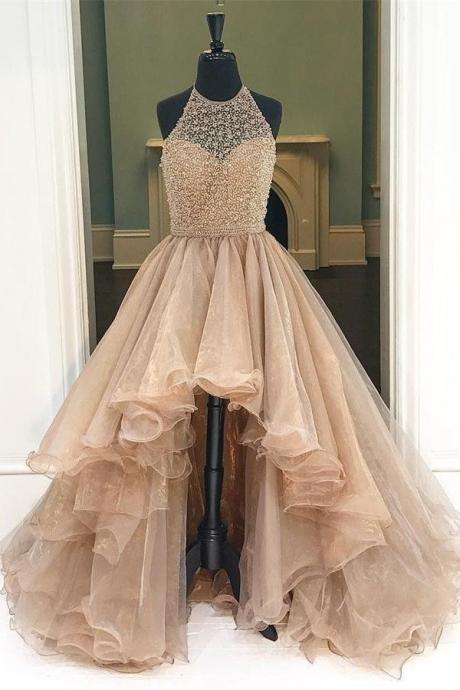 Prom Dress,champagne Prom Dress,prom Gown,prom Dress Halter,prom Dress Backless, Prom Dress High Low, Affordable Prom Dress,junior Prom