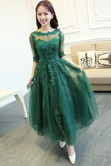 Prom Dress,Prom Gown,Green Prom Dress,Ankle Length Prom Dress,Prom Dress Half Sleeves,Lace Prom Dress,Prom Dress Cheap,Formal Dress,Evening Dress,Custom Plus size 