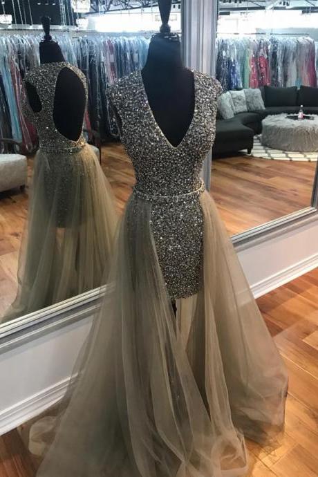 Beaded Sheath Silver Prom Dress Gown Open Back,Formal Dress,Homecoming Dress, Cocktail Dress,Evening Dress Cheap
