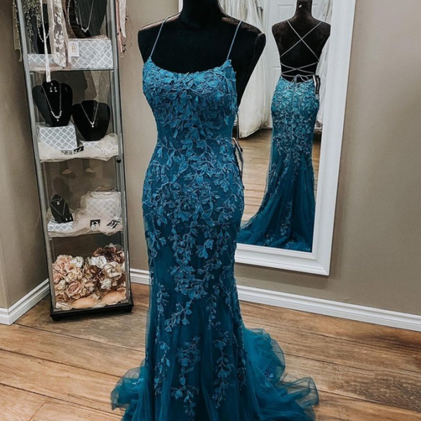 Women Teal Green Tulle Lace Mermaid Formal Evening Dress Elegant with Spaghetti Straps Backless Sexy Prom Gown 2023 Civil Cheap 