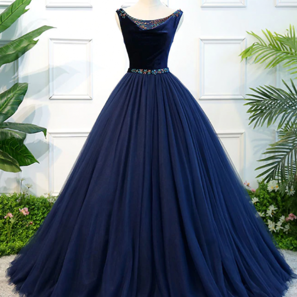 Navy Blue Women Scoop Neck Velvet Tulle Prom Dress Princess Simple Long Formal Evening Dress Elegant