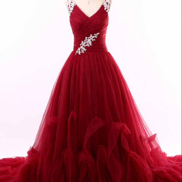 V-neck Burgundy Tulle Prom Dress Long Princess Formal Evening Gown Women