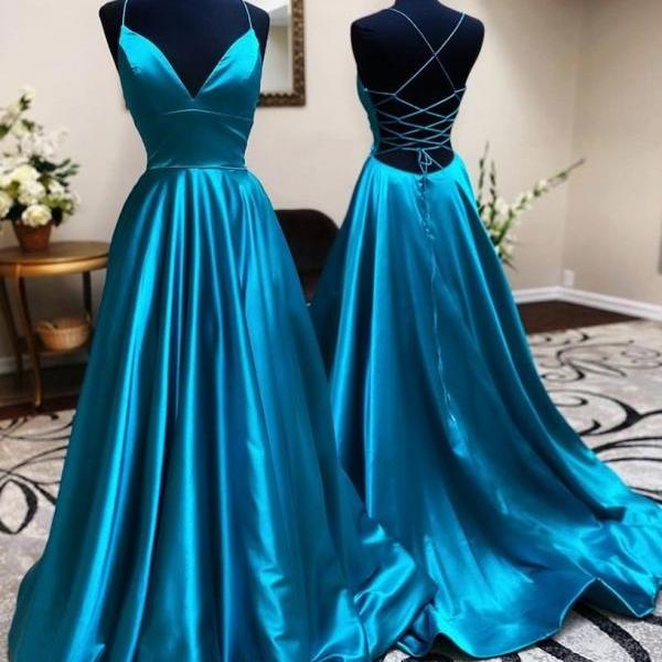 Ocean Blue Satin Simple Prom Dress Backless Formal Evening Gown