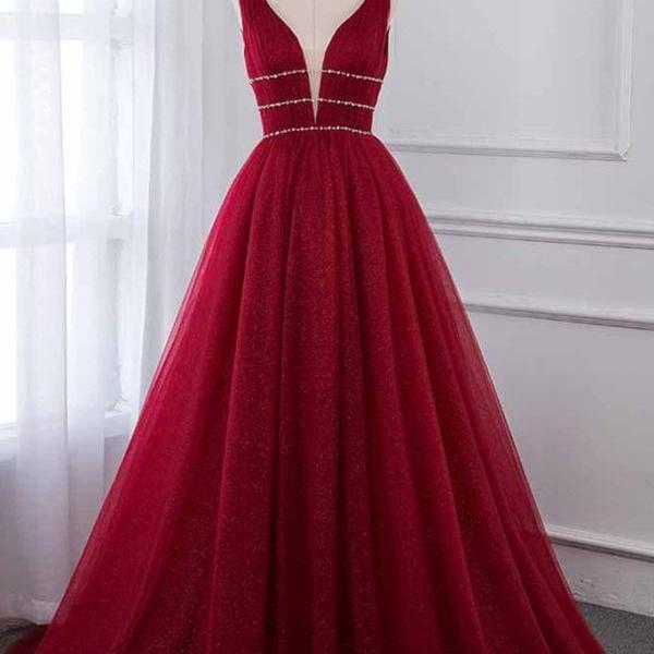 Burgundy Princess Tulle Prom Dress Open Back Formal Evening Gown