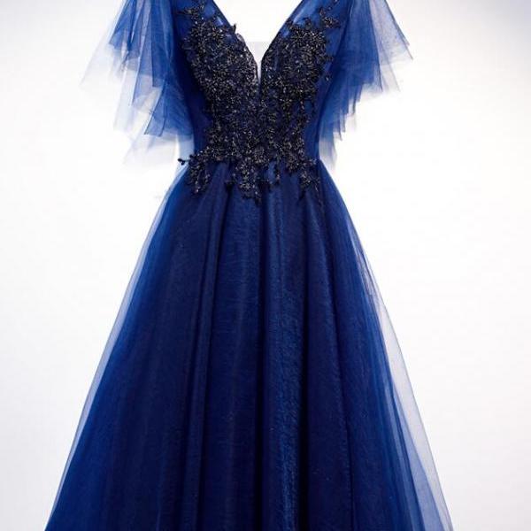 Royal Blue Tulle Prom GownShort with Beadwork Formal Homecoming Dress