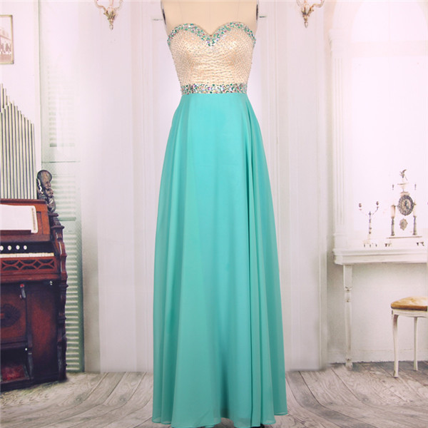 2016 A Line Sweetheart Beaded Chiffon Long Turquoise Prom Dresses Gowns ...