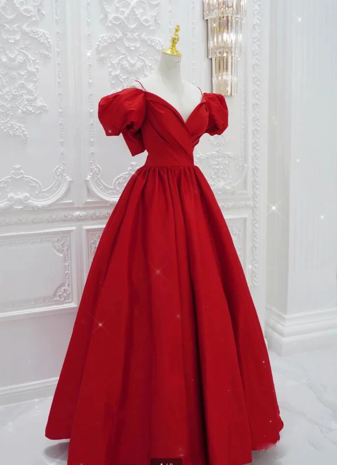 Princess Red Prom Dress Long With Short Puffy Sleeve Formal Evening ...